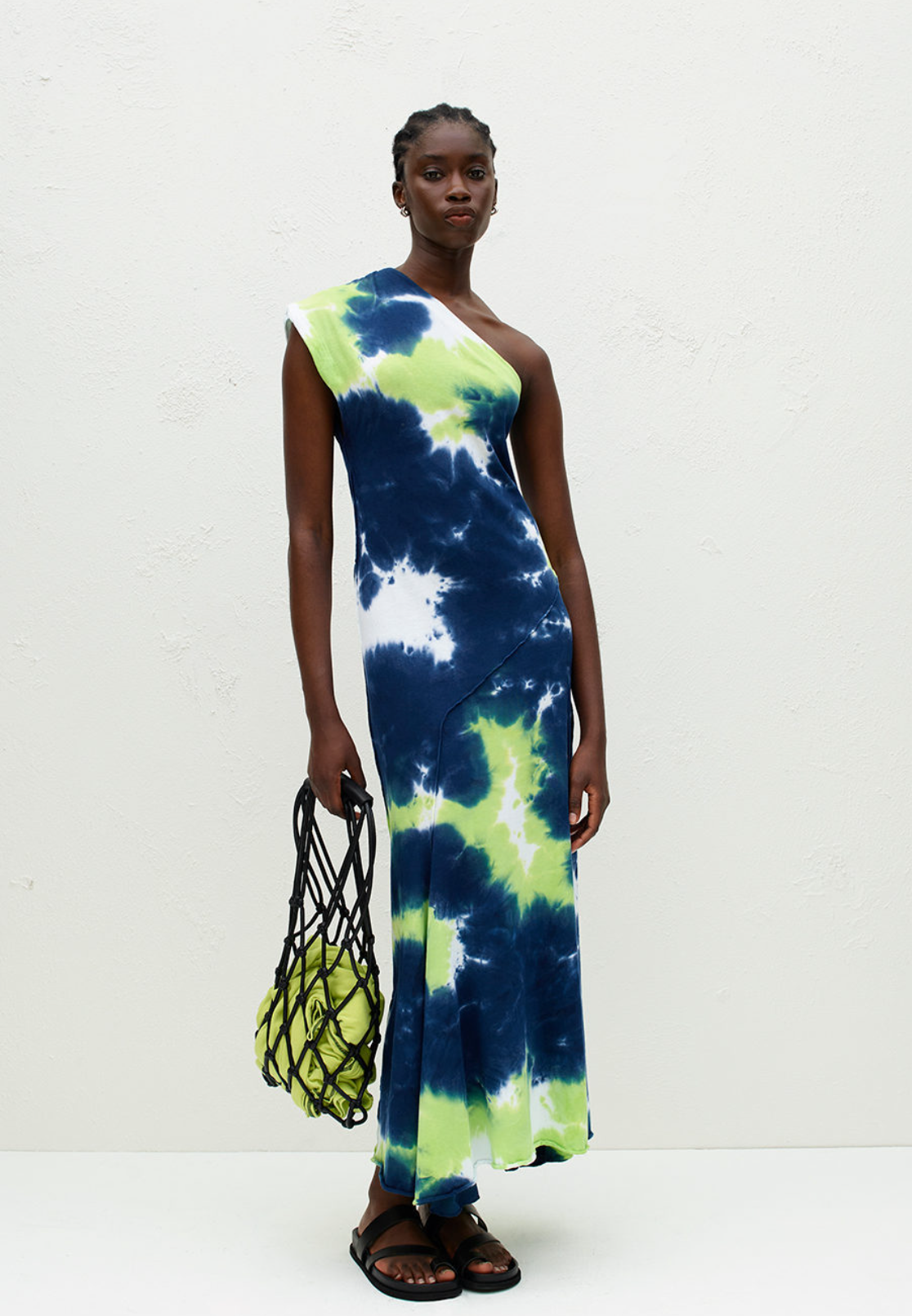 Bassike Multi Dye One Shoulder Dress Greenglow Ink